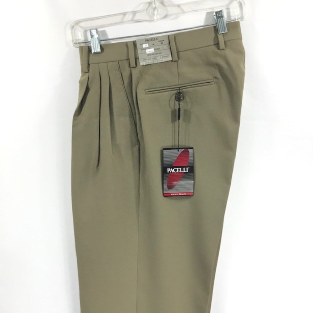 Pacelli Men's Khaki Dress Pants Pleated Cuffed Hem